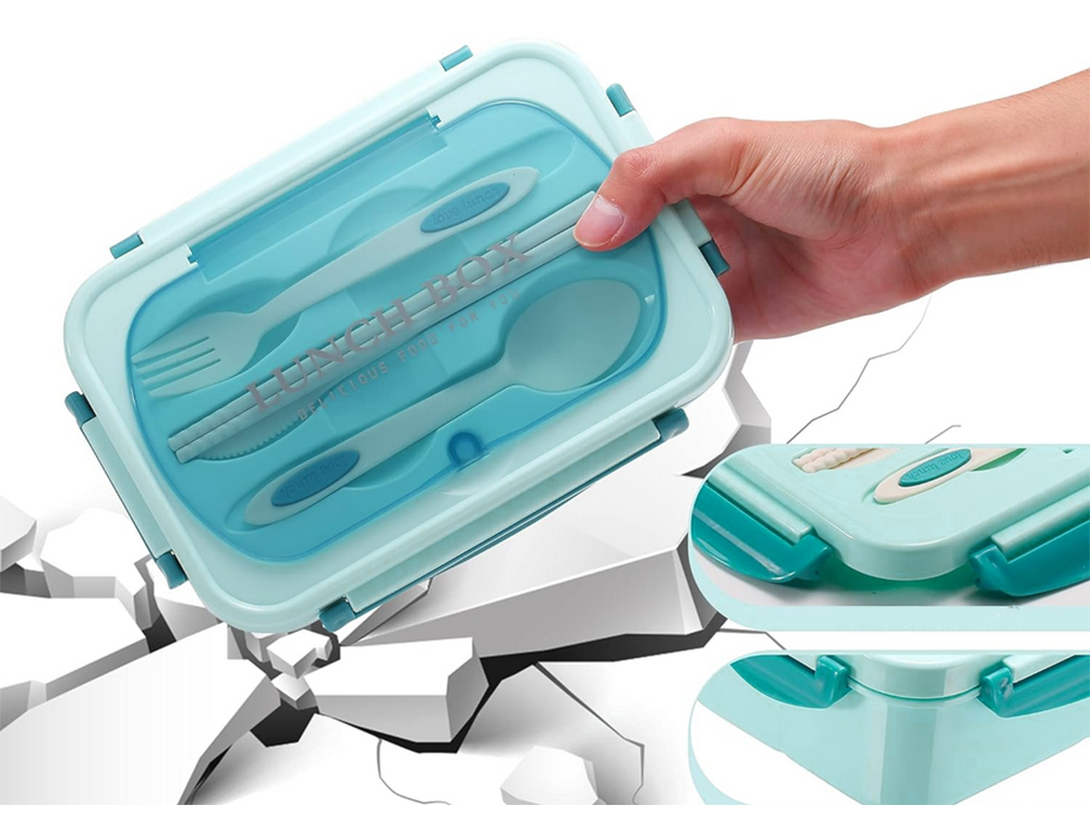 Lunch Box with 3 Compartments and Cutlery, Blue