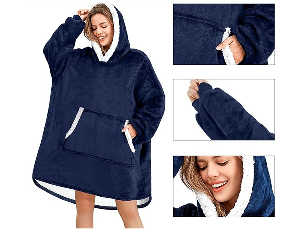 Warm Oversized Hoodie Blanket 2-in-1 with Hood and Pocket, Navy Blue