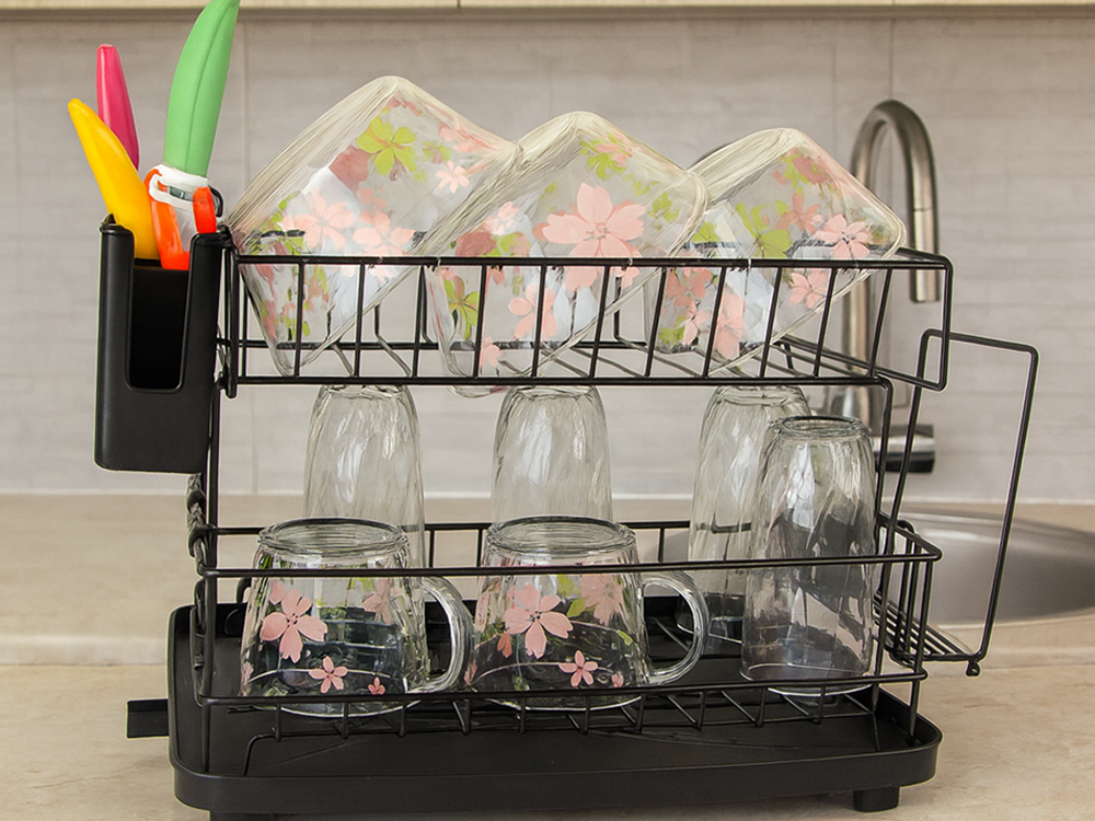 Two-Tier Dish Drying Rack with Drip Tray, Black