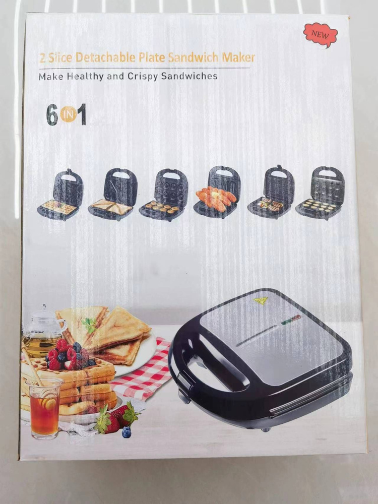 6-in-1 Sandwich Maker with Removable Plates, Waffle Maker & Grill, 850W, Black (0)