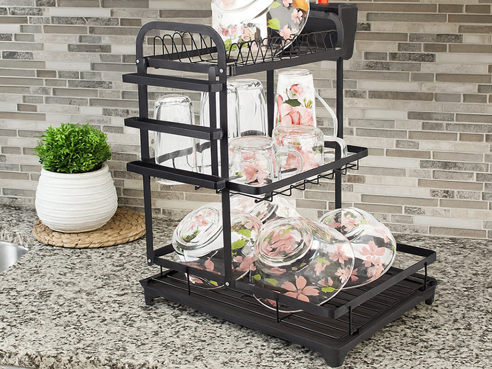 3-Tier Dish Drying Rack with Drainboard and Cutlery Holder, Black