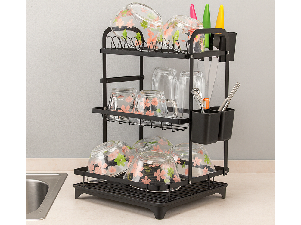 3-Tier Dish Drying Rack with Drainboard and Cutlery Holder, Black