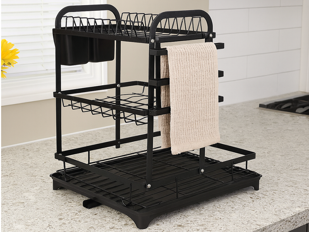 3-Tier Dish Drying Rack with Drainboard and Cutlery Holder, Black