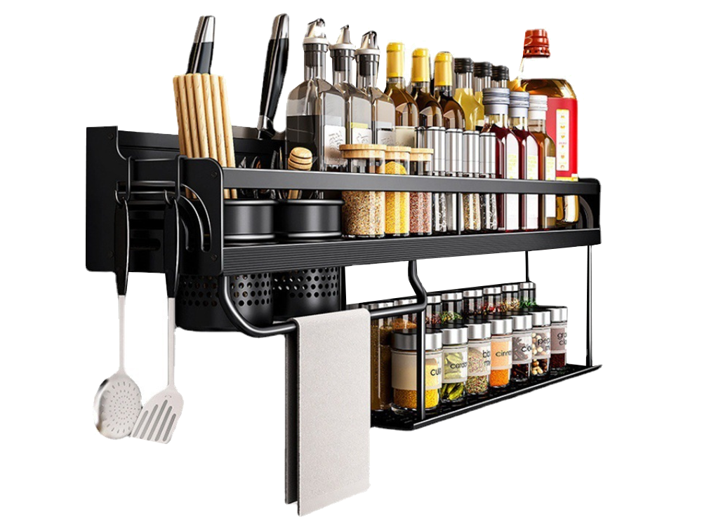 Kitchen Wall Shelf Organizer Metal Hanging Rack for Spices and Utensils, Black