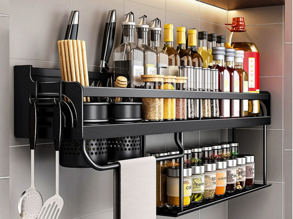 Kitchen Wall Shelf Organizer Metal Hanging Rack for Spices and Utensils, Black