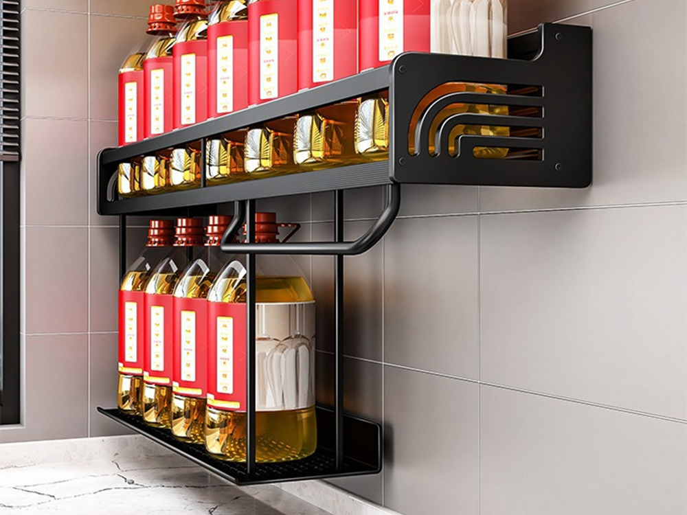 Kitchen Wall Shelf Organizer Metal Hanging Rack for Spices and Utensils, Black