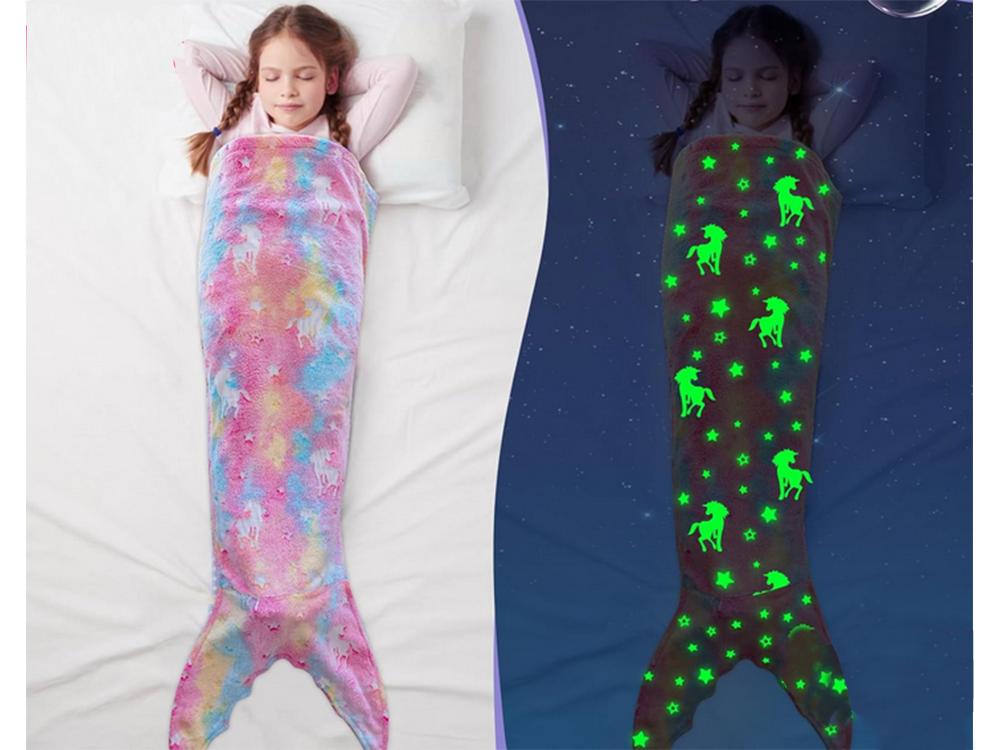 Glow in the Dark Mermaid Tail Blanket for Girls, Soft Fleece Wearable Sleeping Bag, Rainbow