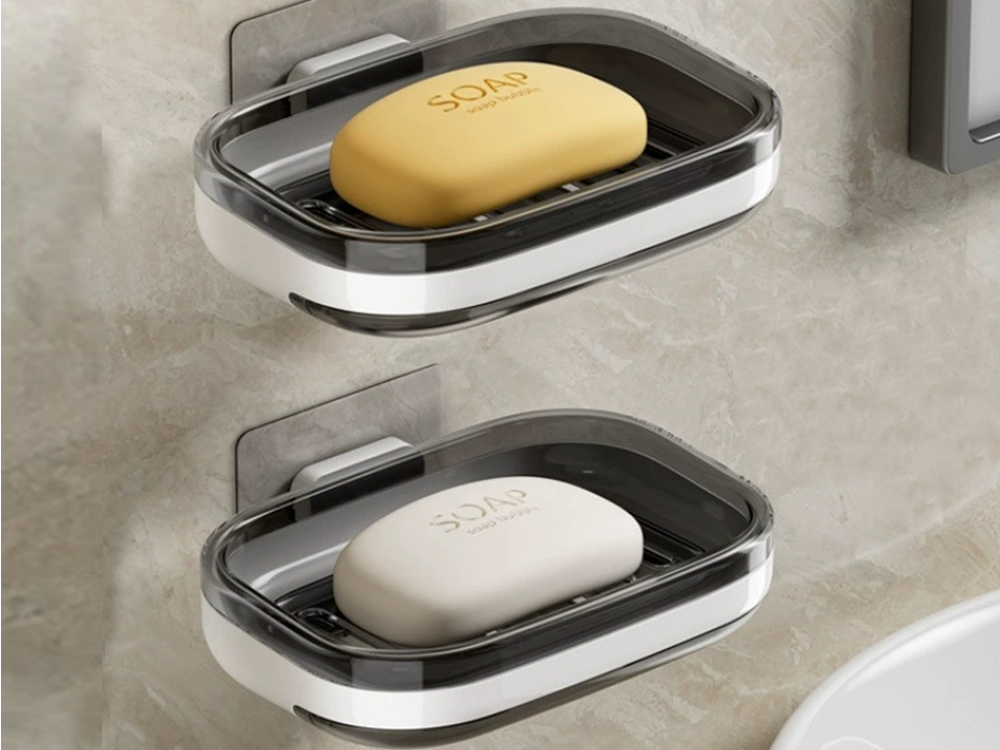 Self-draining soap dish holder, no-drill wall mounted or countertop for bathroom