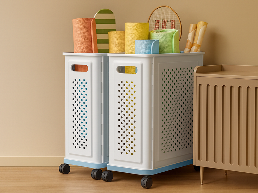 Large Rolling Laundry Basket on Wheels 40L Storage Hamper for Toys and Clothes, White and Blue
