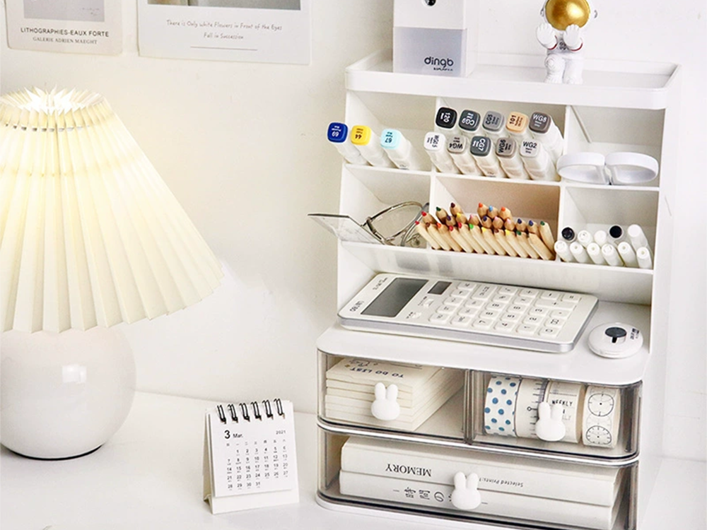 Desk Organizer with Drawers and Shelves for Makeup and Office Supplies, White