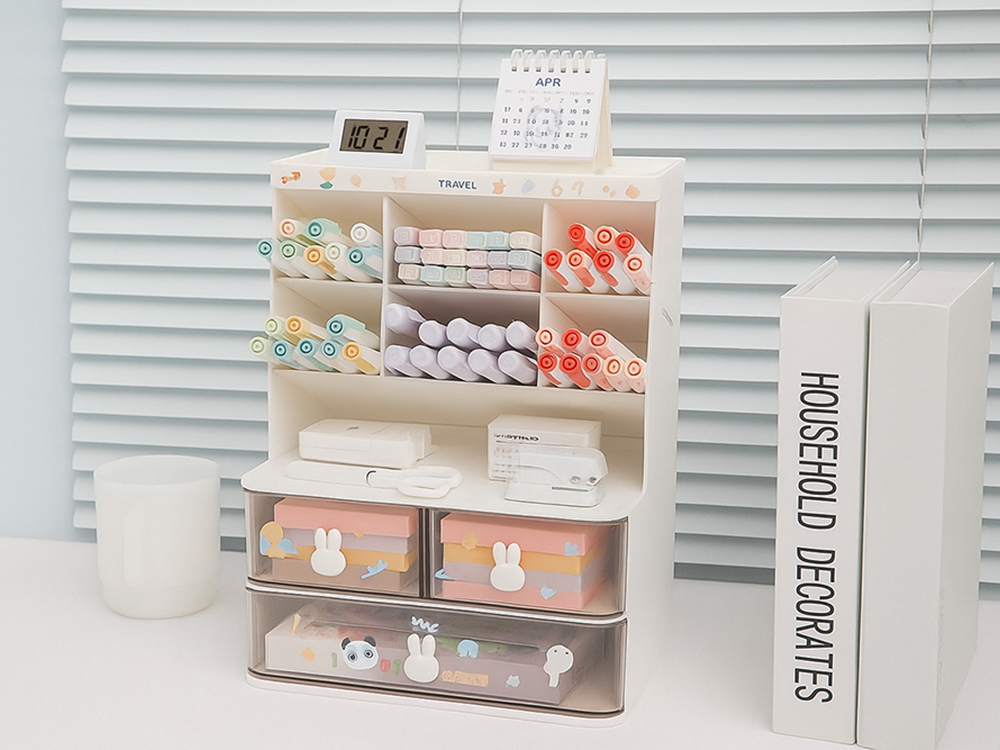 Desk Organizer with Drawers and Shelves for Makeup and Office Supplies, White