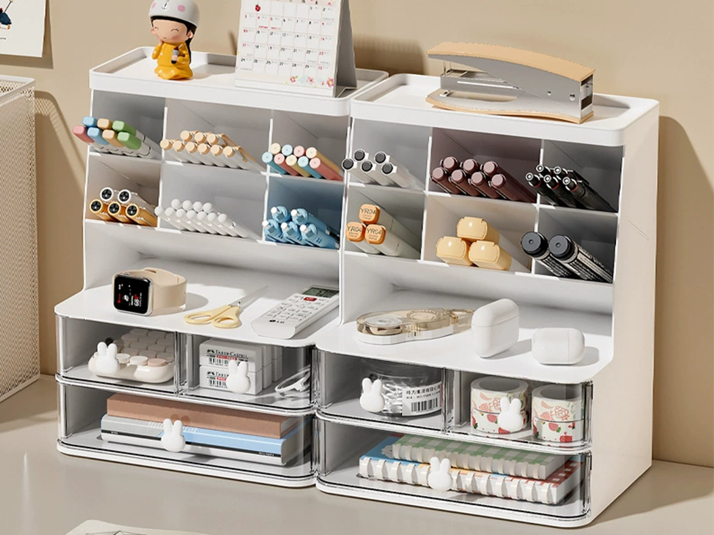 Desk Organizer with Drawers and Shelves for Makeup and Office Supplies, White