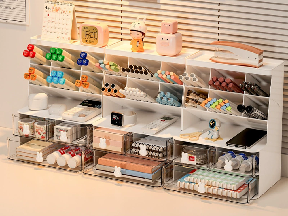 Desk Organizer with Drawers and Shelves for Makeup and Office Supplies, White
