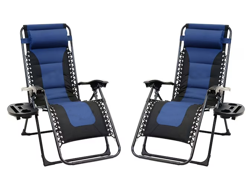 Zero Gravity Chair Padded Reclining Patio Lounger with Pillow and Side Table, Navy Blue