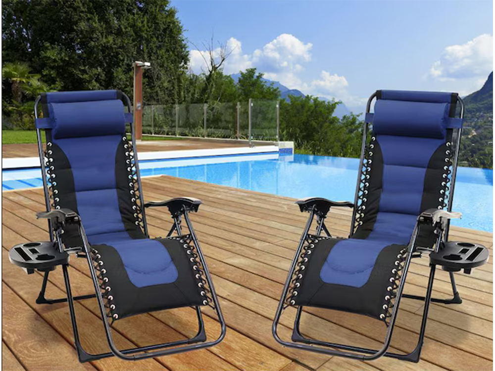 Zero Gravity Chair Padded Reclining Patio Lounger with Pillow and Side Table, Navy Blue