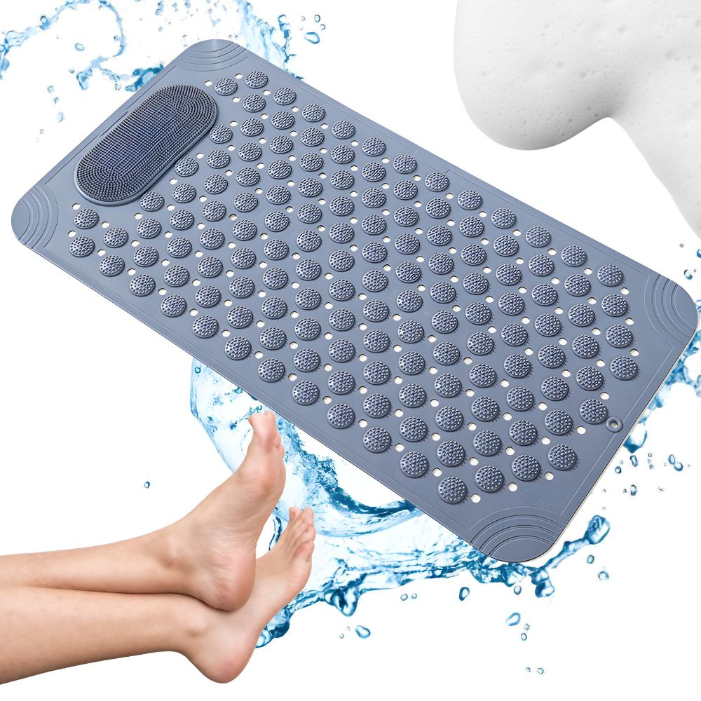 Non-Slip Shower Mat with Massaging Surface and Foot Scrubber for Bathroom Safety, Gray
