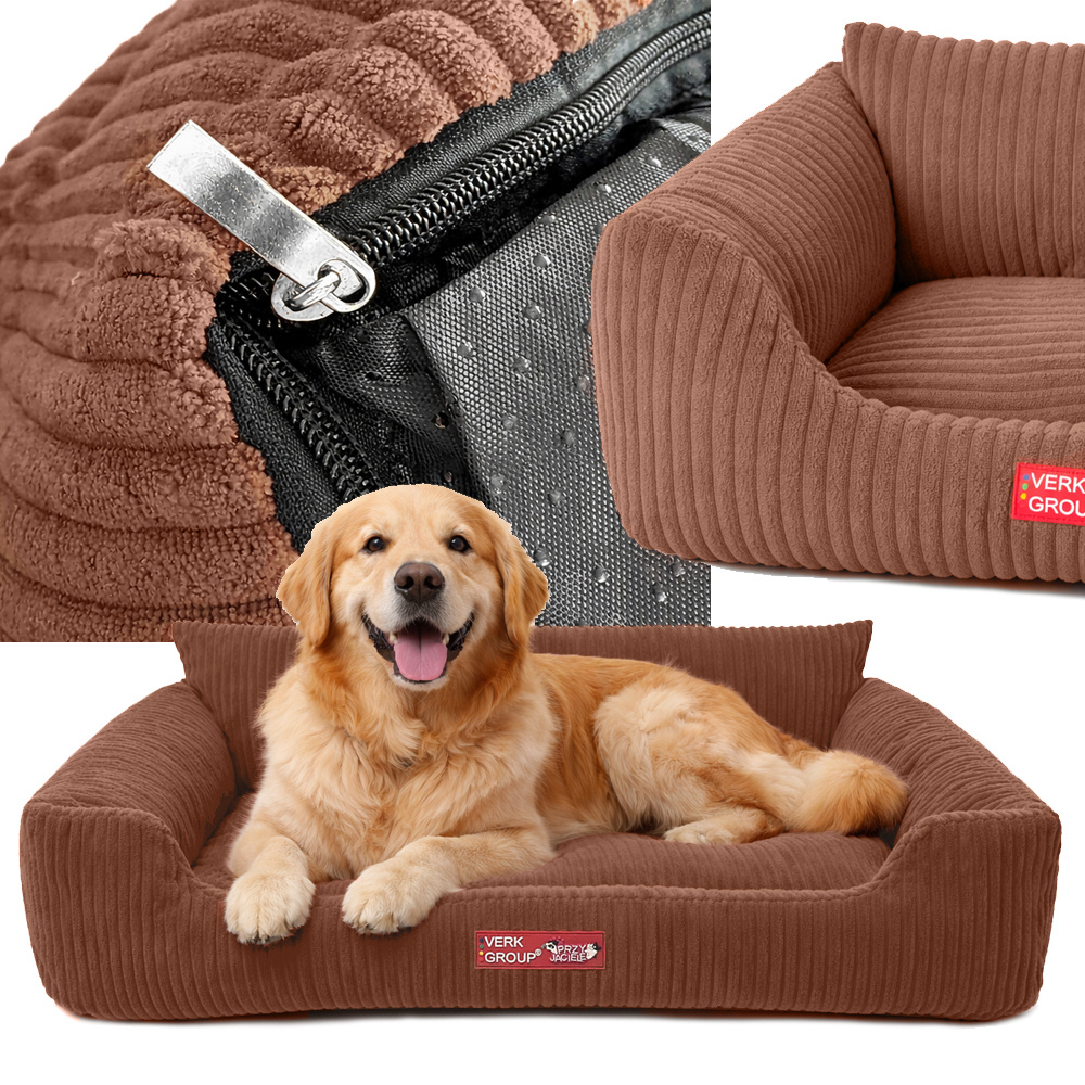 Soft Corduroy Dog Bed with Non-Slip Bottom, Cozy Pet Lounger for Cats & Dogs, L, Brown