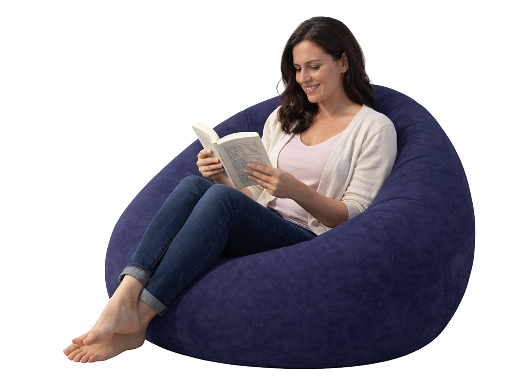 Inflatable Lounge Chair Velour Blow Up Pouffe for Relaxing, Navy Blue
