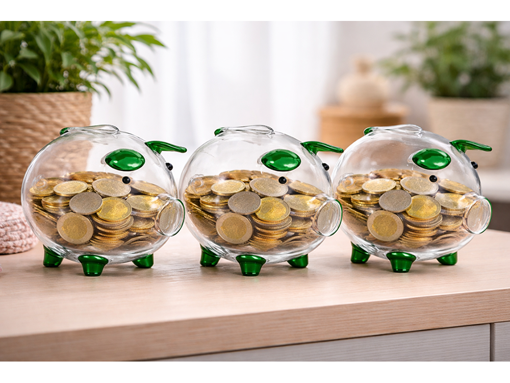 Small Glass Piggy Bank for Coins and Bills, Clear Money Saving Jar for Adults, Gift Idea
