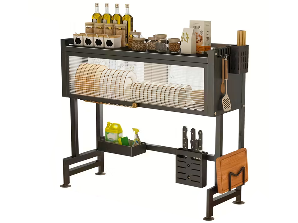 Over Sink Dish Drying Rack 85cm Kitchen Organizer Cabinet, Black