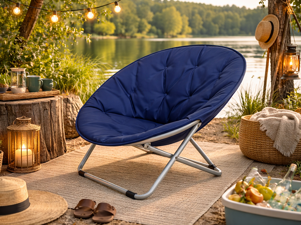Folding Camping Moon Chair for Beach and Garden, Navy Blue