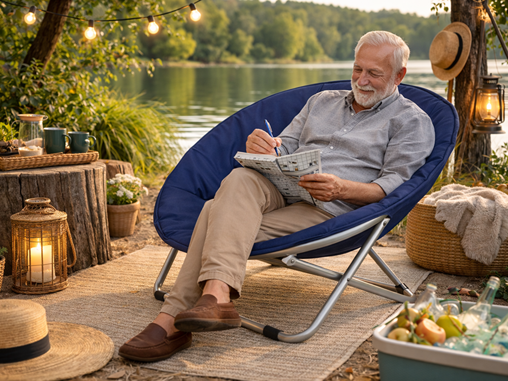 Folding Camping Moon Chair for Beach and Garden, Navy Blue
