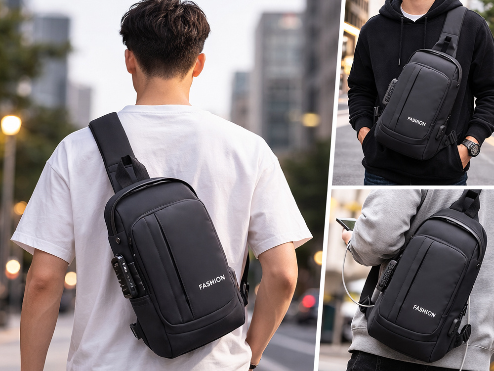 Anti-Theft Sling Bag with USB Port Waterproof Crossbody Backpack, Black