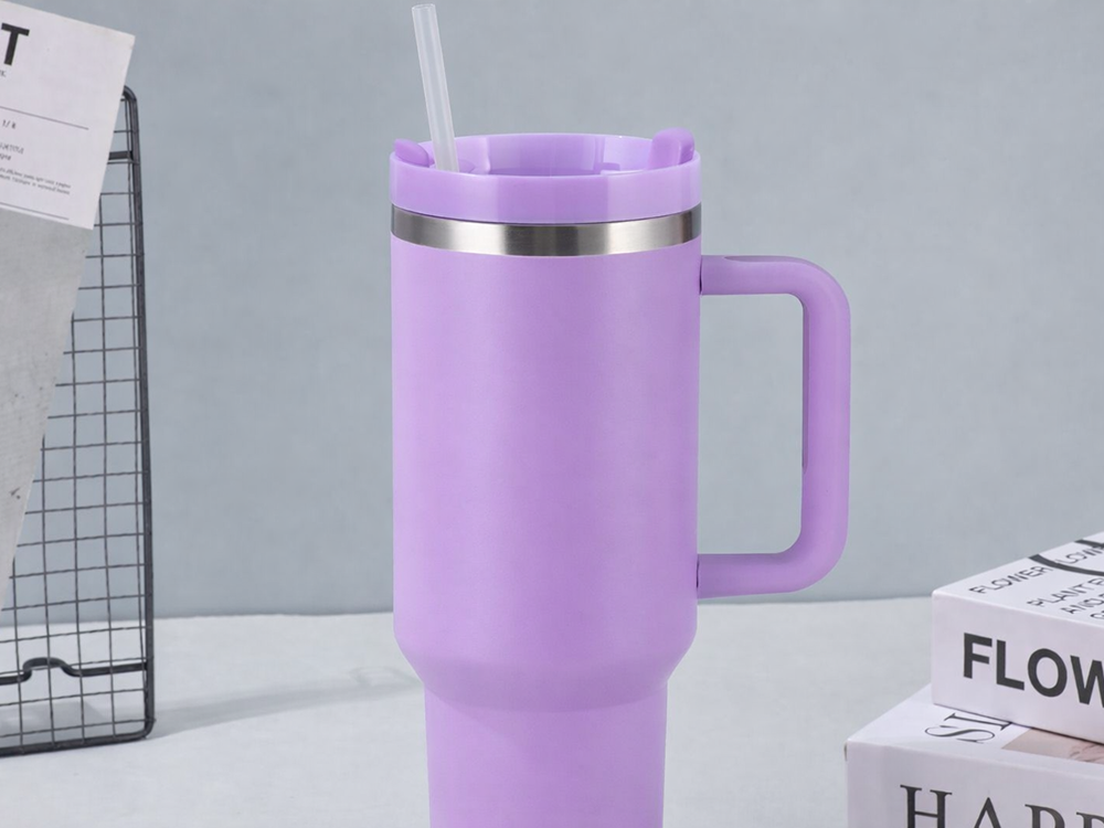 Large Thermal Mug 1.2L with Handle and Straw Stainless Steel, Purple