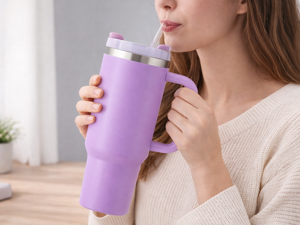 Large Thermal Mug 1.2L with Handle and Straw Stainless Steel, Purple