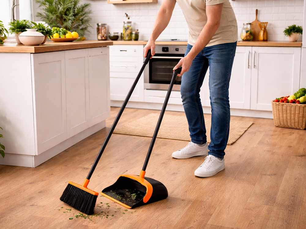 Long Handle Broom and Dustpan Set 2-in-1 Upright Sweeper, Black-Orange
