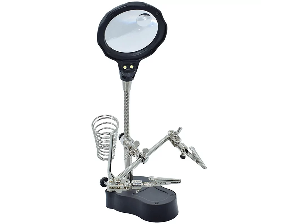 Third Hand Soldering Station with LED Magnifying Glass and Clips, Black