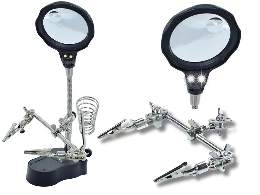Third Hand Soldering Station with LED Magnifying Glass and Clips, Black
