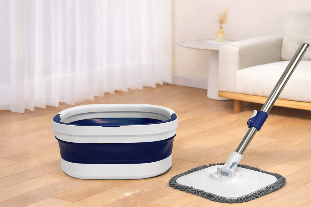 Rotējošais mops 360° ar saliekamu spaini un 2 mikrošķiedras uzgaļiem