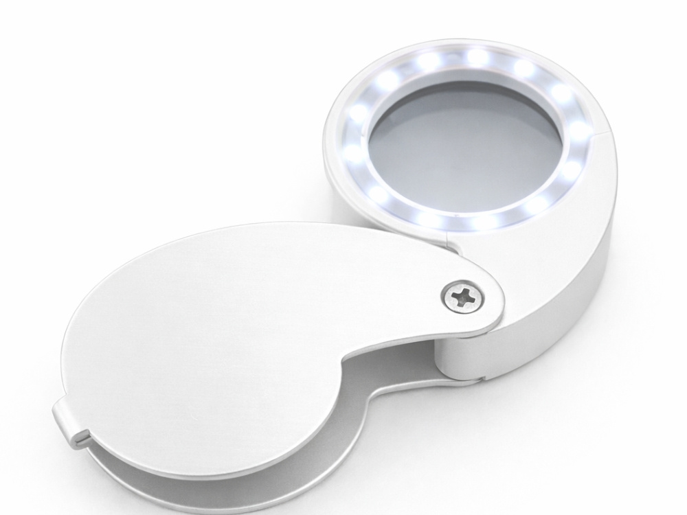 Jewelers Loupe 40x Magnification Folding Pocket Magnifier 25mm 9 LED, White Silver