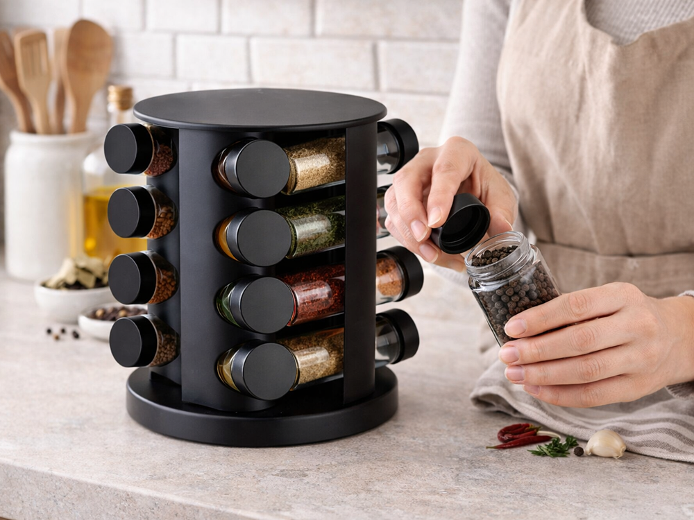 Rotējošs garšvielu statīvs ar 12 stikla trauciņiem, melns