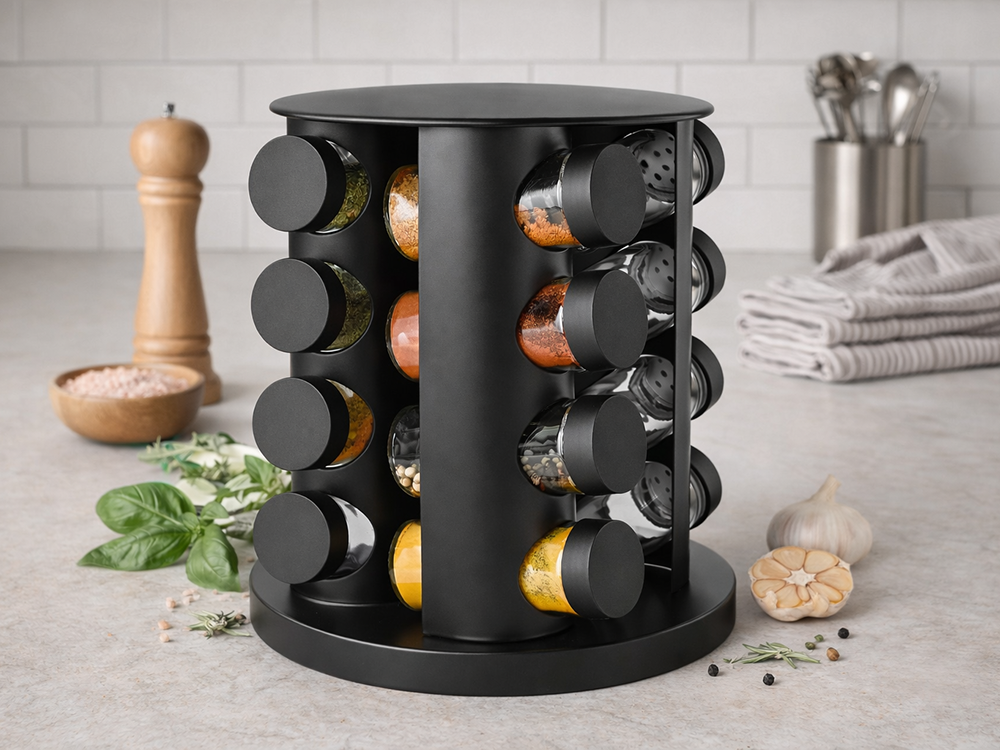 Rotējošs garšvielu statīvs ar 12 stikla trauciņiem, melns