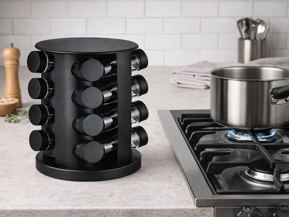 Rotējošs garšvielu statīvs ar 12 stikla trauciņiem, melns