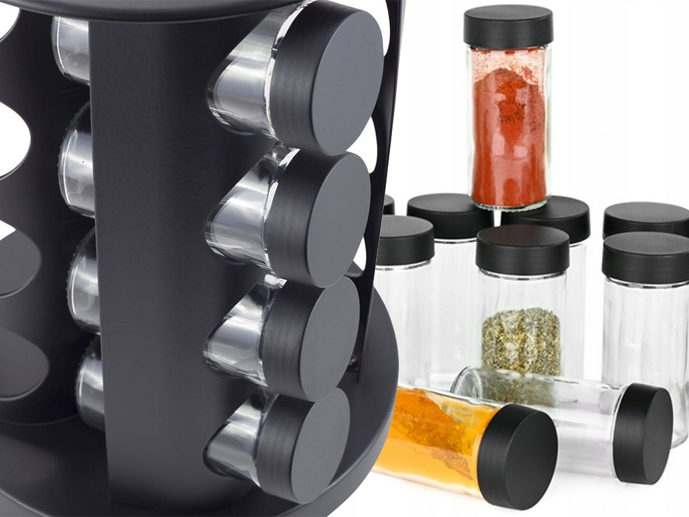 Rotējošs garšvielu statīvs ar 12 stikla trauciņiem, melns