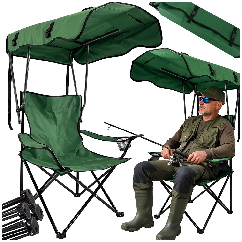 Folding camping chair with canopy and cup holder, green