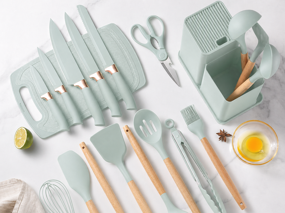 Kitchen Knife and Utensil Set with Cutting Board and Block, 19 Pieces, Green