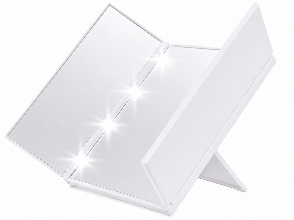 Folding Cosmetic Mirror with LED Light and Stand, White