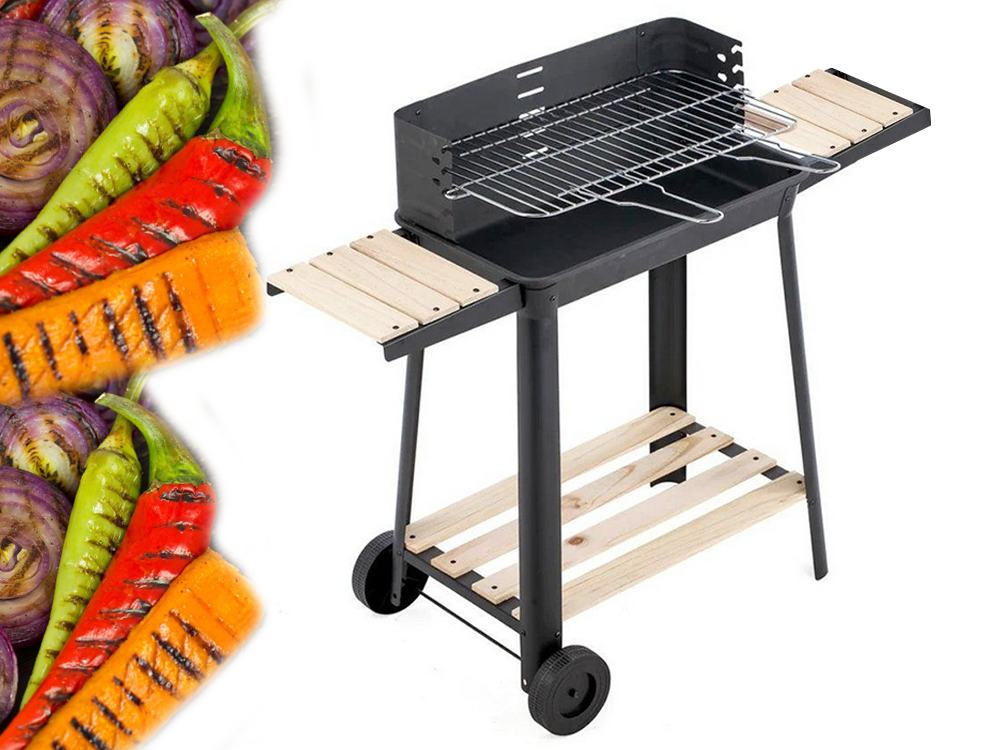 Charcoal Garden Grill BBQ with Adjustable Grate, Shelves and Wheels