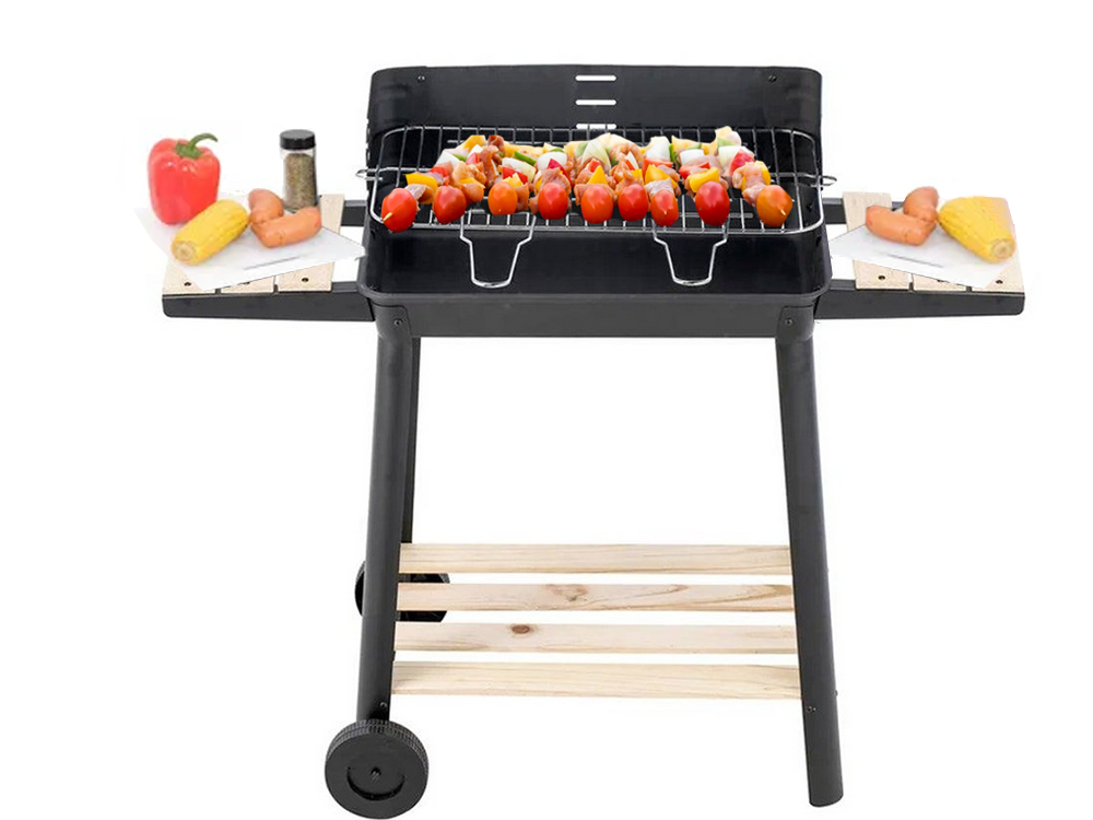 Charcoal Garden Grill BBQ with Adjustable Grate, Shelves and Wheels