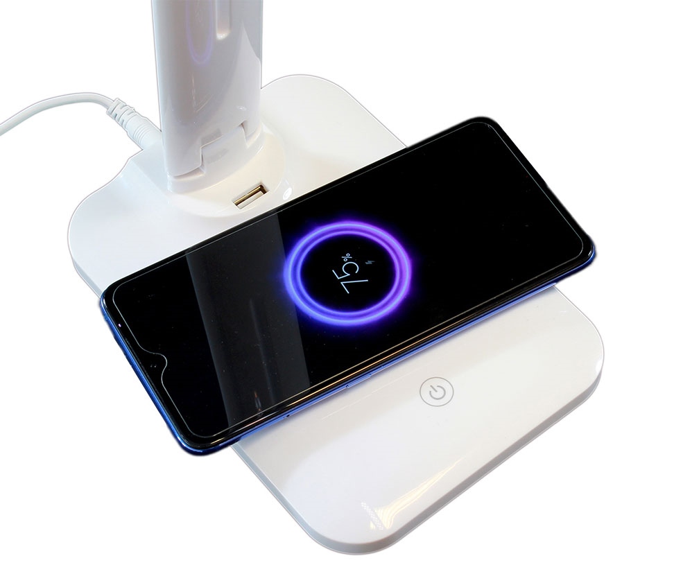 Adjustable Desk LED Lamp Folding Reading Night Table Lamp with Wireless Charger Qi, White