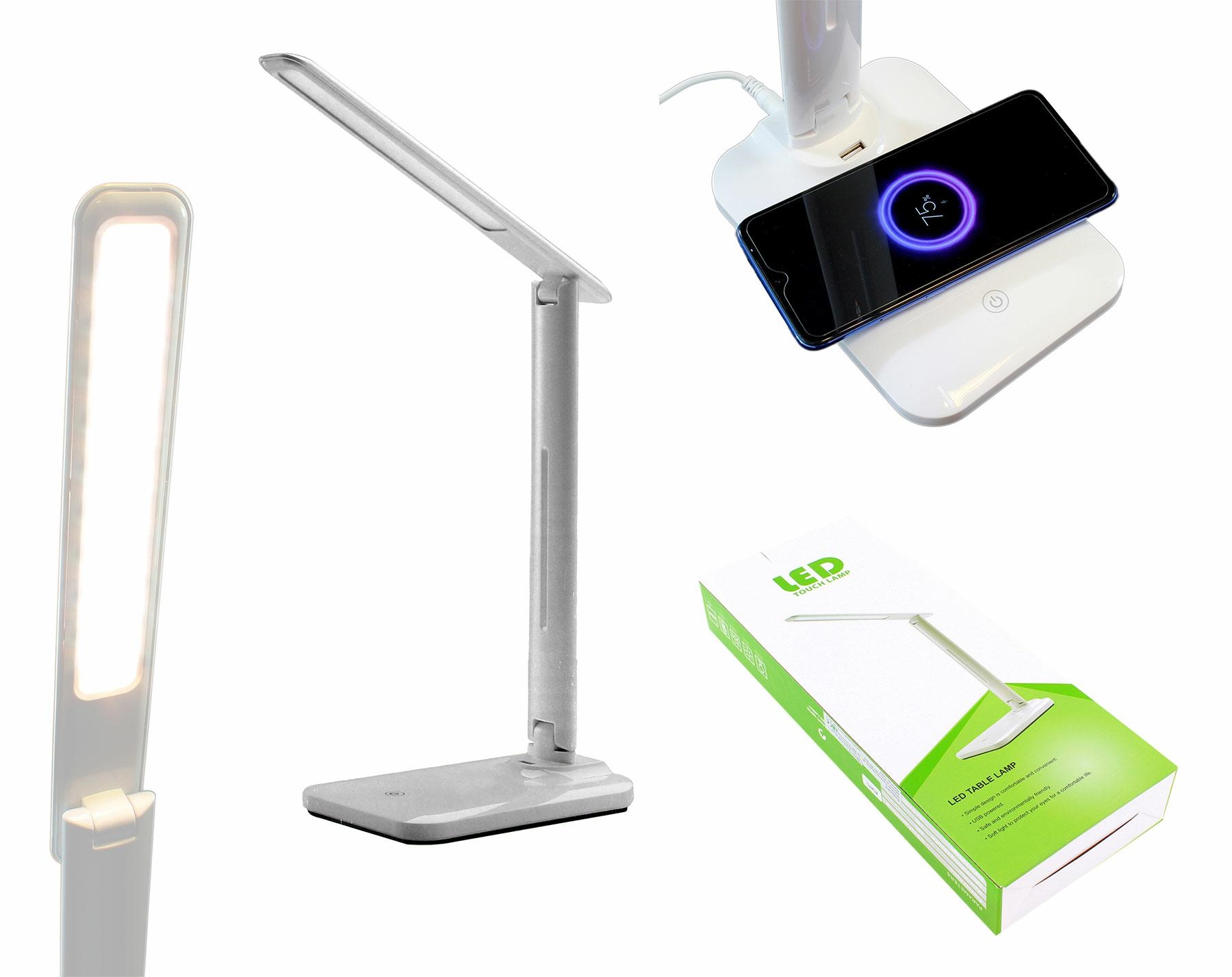 Adjustable Desk LED Lamp Folding Reading Night Table Lamp with Wireless Charger Qi, White
