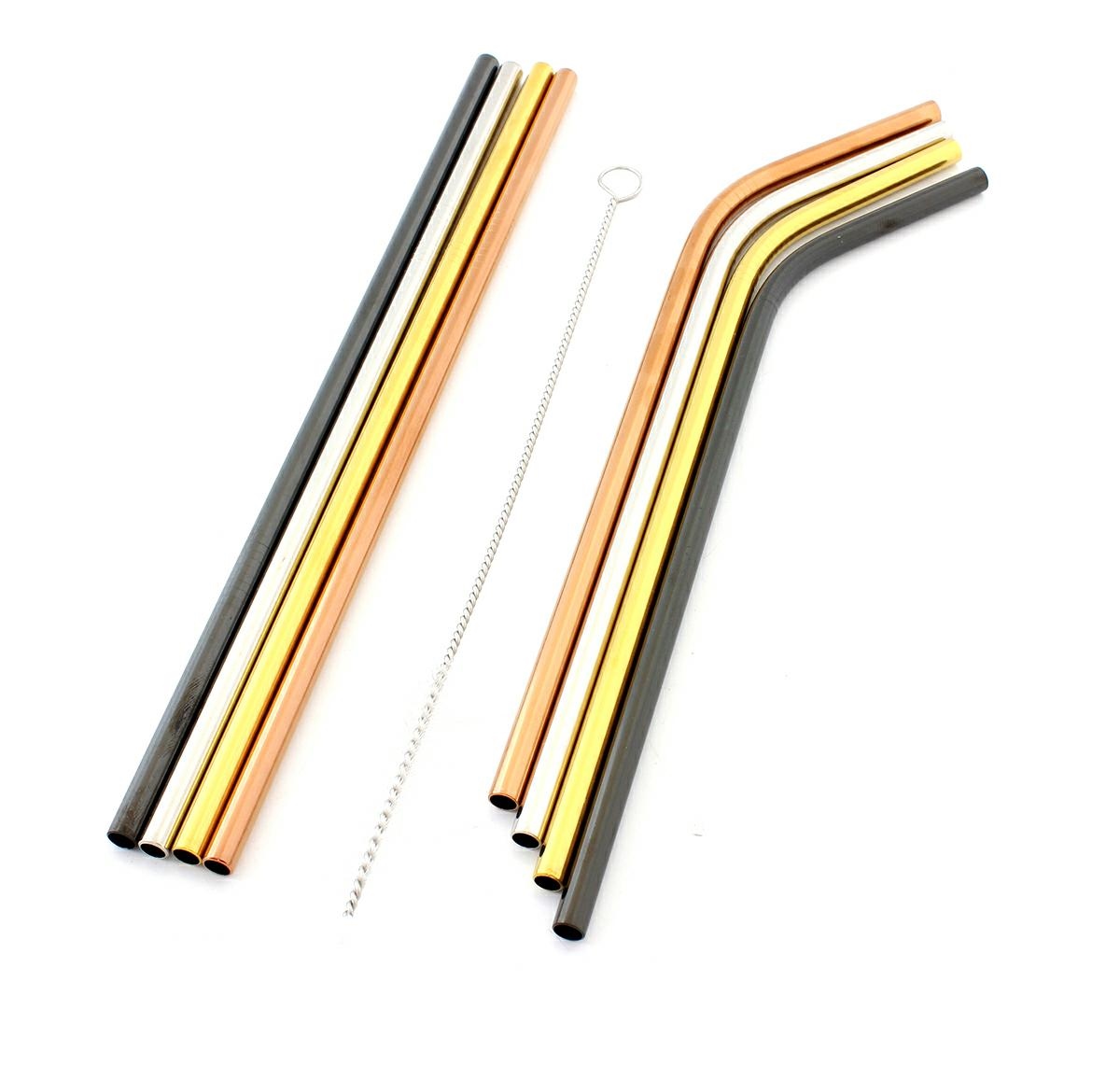 A set of 8 Reusable Metal Drinking Straws with Cleaning Brush and Pouch, Color Mix