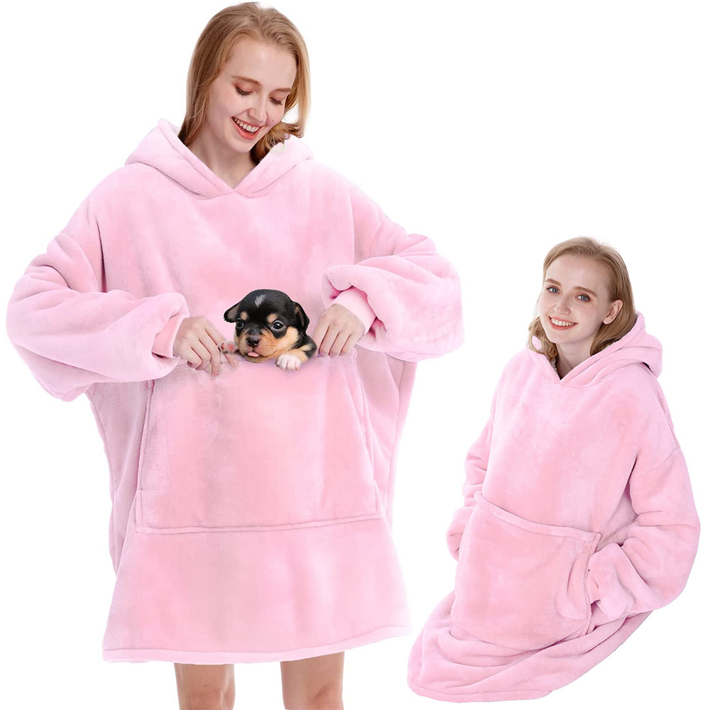 Oversized Warm Hoodie Sweatshirt Blanket with Pocket, Pink