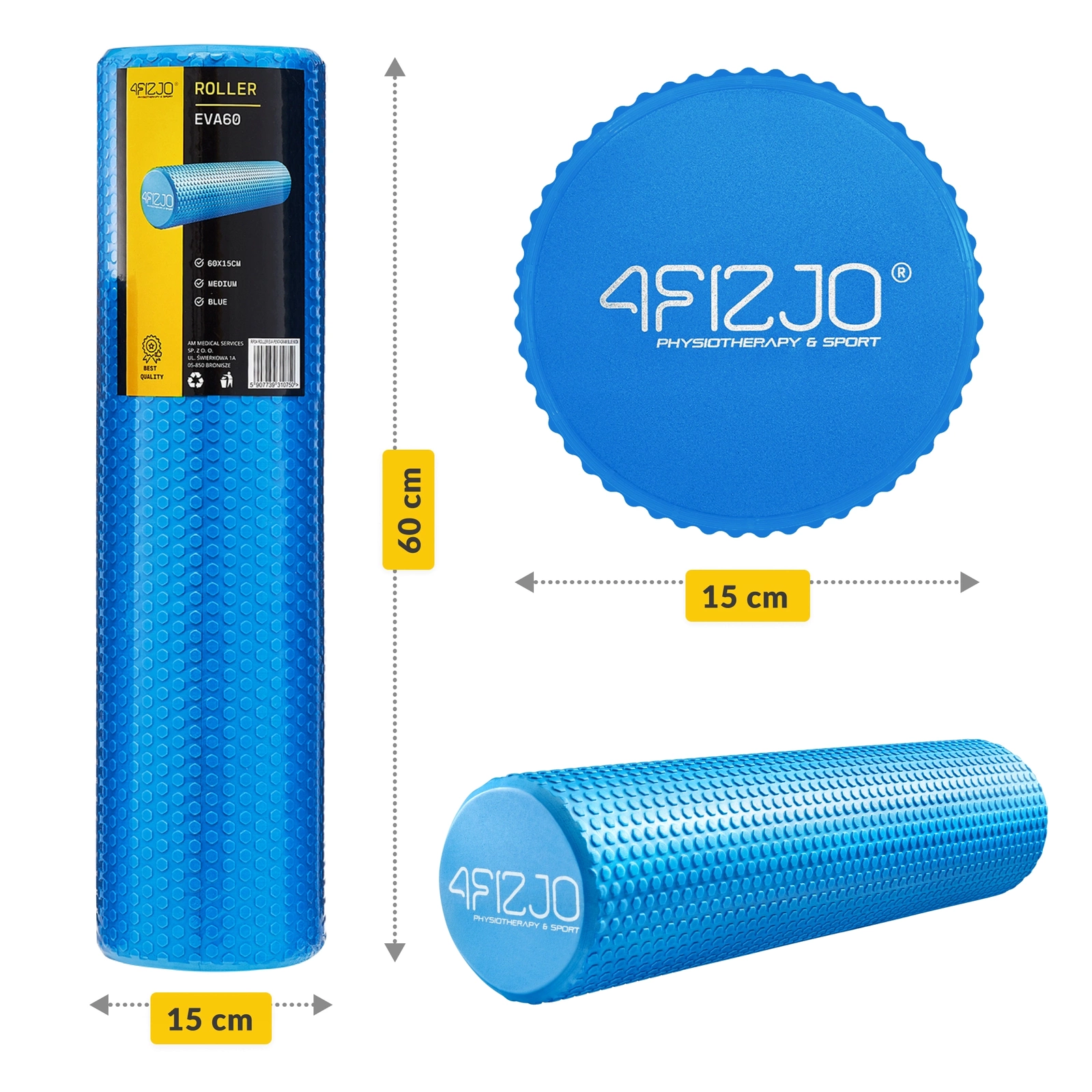 4FIZJO Masāžas Jogas Fitnesa Pilates Mīksts Putu Rullis 60cm, Zils | Yoga Massager Crossfit EVA Foam Roller