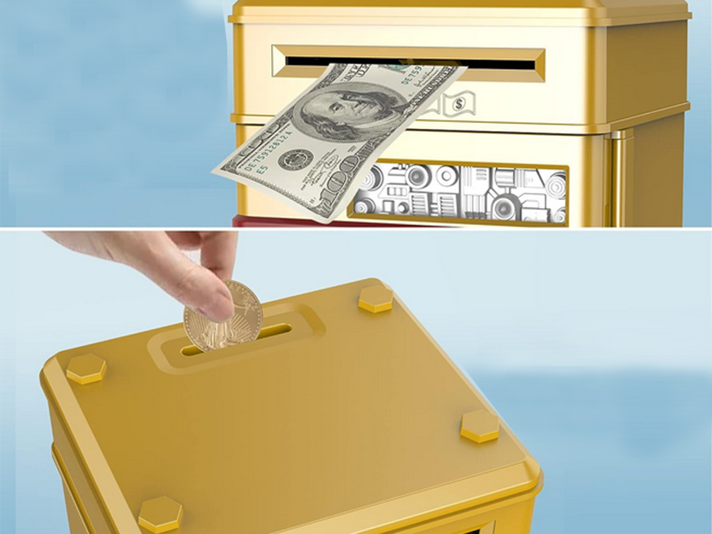 Piggy Bank Toy Box for Money with Fingerprint and Password, Gold