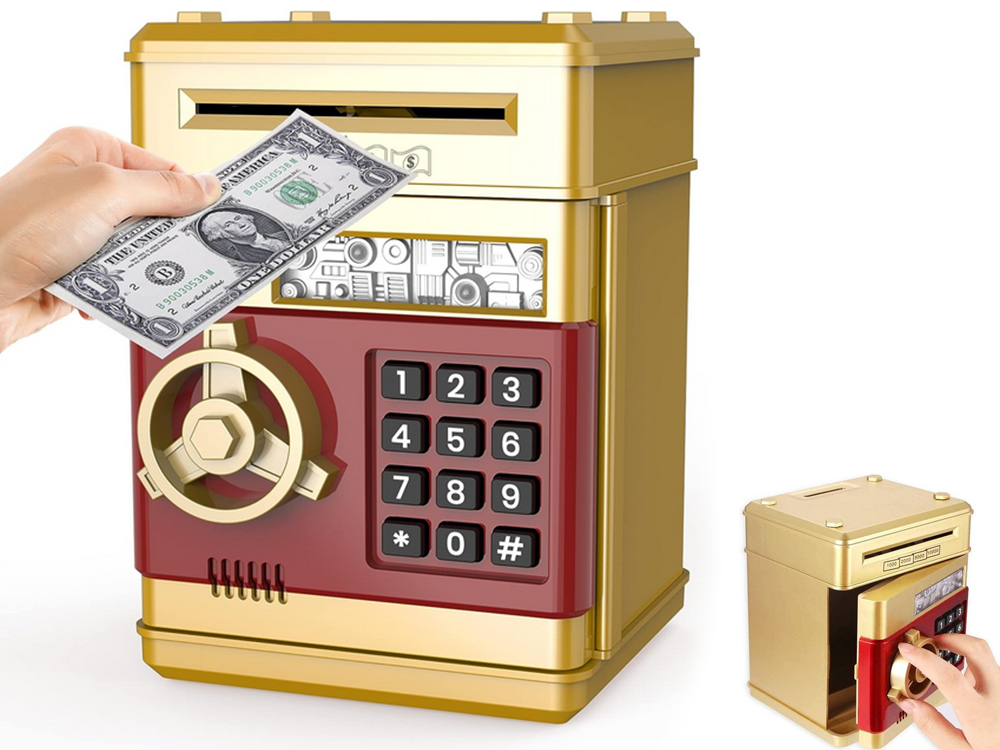Piggy Bank Toy Box for Money with Fingerprint and Password, Gold
